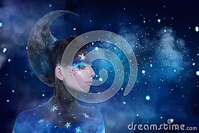 Fantasy portrait of moon woman with stars make-up and moon style hairdo Stock Photo