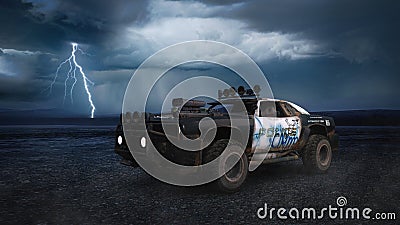 Fantasy post apocalyptic concept police car in a barren desert landscape with storm clouds and lightning in the sky. 3D rendering Cartoon Illustration