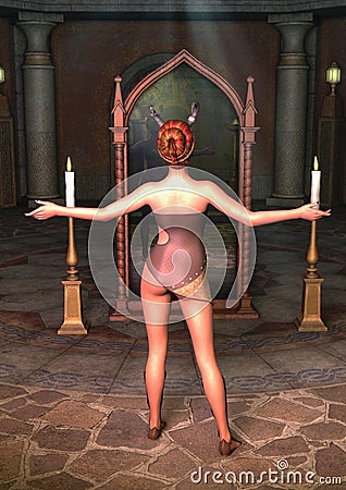 Fantasy priestess blindfold with horns in front of a magical mirror. Stock Photo