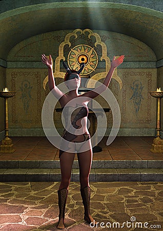 Fantasy priestess blindfold with horns worshiping with an altar behind her. Stock Photo