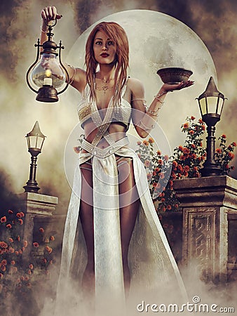 Fantasy priestess with a lantern and bowl Stock Photo