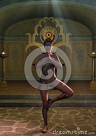 Fantasy priestess blindfold with horns in a yoga position with an altar behind her. Stock Photo