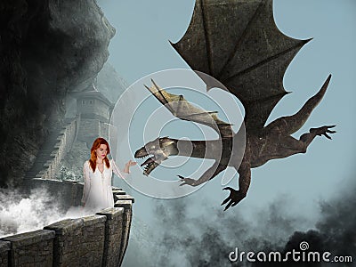 Fantasy Princess, Castle, Evil Dragon Stock Photo