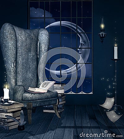 Fantasy reading room by night with a cozy armchair and lots of books Cartoon Illustration