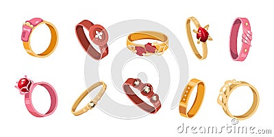 Fantasy ring. Game UI decorative fantasy inventory. Treasure jewelry elements with magic symbols and colored stones. Gaming trophy Vector Illustration