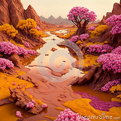 fantasy river land of choclate milk with flowers Stock Photo