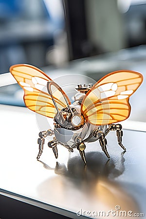 Fantasy robot butterfly in metal style. Cyborg insect concept. Robotic bug, science fiction. AI illustration. Photo Cartoon Illustration