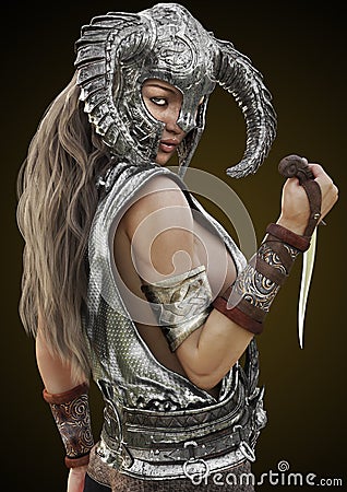 Fantasy rouge warrior female posing with helmet and dagger on a gradient background. Cartoon Illustration