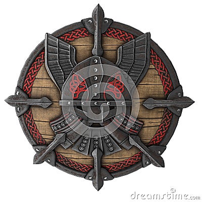 Fantasy round viking wooden shield on an isolated white background. 3d illustration Cartoon Illustration