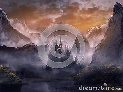 A fantasy royal castle beside hill Stock Photo