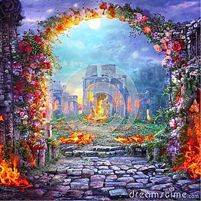 fantasy ruined ancient building in fire AI Stock Photo