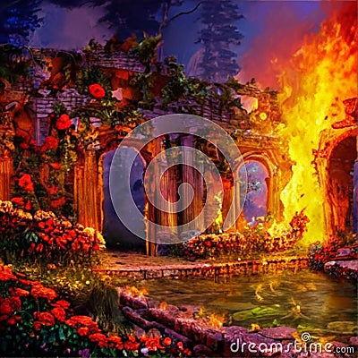 fantasy ruined ancient building in fire AI Stock Photo