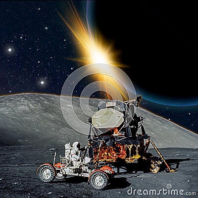 Fantasy scene of an Astronaut on an alien moon. Stock Photo