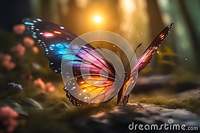 a fantasy scene with a butterfly in a stunning setting, gracefully flying in garden Stock Photo