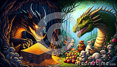 Fantasy Scene with Dragons and Woodland Creatures Stock Photo