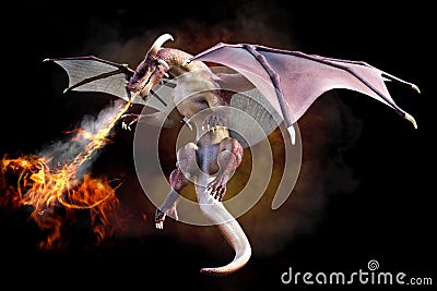 Fantasy scene of a red dragon blowing fire on a gradient smoke black background. Stock Photo