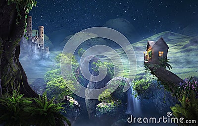 Fantasy scenery with a castle background with a starry night sky, a waterfall and the foreground of a small house at the end of a Stock Photo