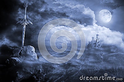 Fantasy scenery with sword Stock Photo