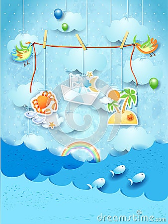 Fantasy seascape with flying birds with hanging stickers Cartoon Illustration