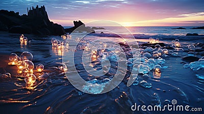 Fantasy seascape, Night view of the ocean, glowing sea, Beautifully starry night sky, dreamy atmosphere Stock Photo