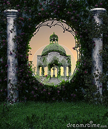 Fantasy Secret Portal With plants And An Temple Stock Photo
