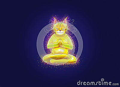 Fantasy shining yellow cat in meditation Stock Photo