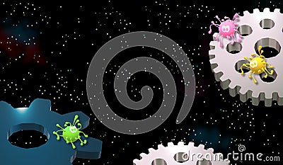 Pandemic, virus. Firmament of stars in the background. Gear wheels. 3D illustration. Symbol. Abstract graphic. Cartoon Illustration