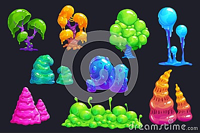 Fantasy slime plants. Alien slimy mushrooms set. Vector Illustration