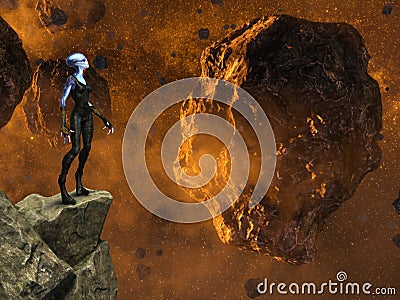 Fantasy Space Alien, Asteroids, Rocky Cliff Ledge Stock Photo