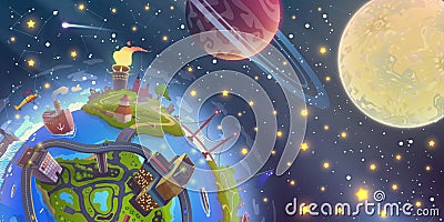 Fantasy space landscape with magic 3d Earth over night sky with stars, Moon and planets illustration in vector, blue globe drawing Vector Illustration