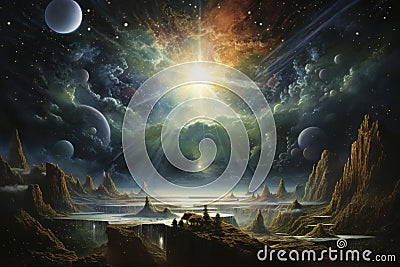 Fantasy Space Landscape with Multiple Moons and Sunlight Stock Photo