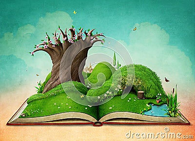 Spring landscape on the book. Cartoon Illustration