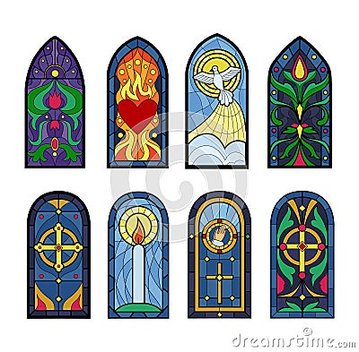 Fantasy stained-glass windows. Book print. Renaissance architecture cathedrals. Art gothic paper. Ancient shapes Vector Illustration