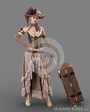 Fantasy Steampunk fashion woman holding travel case. 3D illustration isolated on grey background Stock Photo