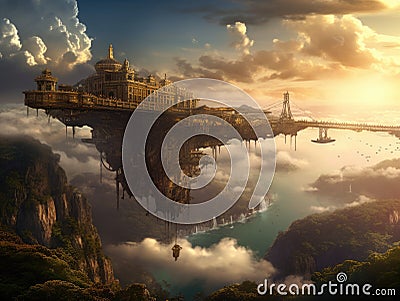 Fantasy Steampunk landscape of flying castle Stock Photo