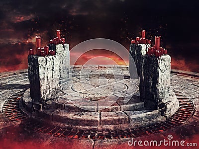 Fantasy stone circle with red candles Stock Photo