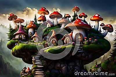 fantasy style storybook fairytale tiny mushroom village surrounded by moss in a forest Stock Photo