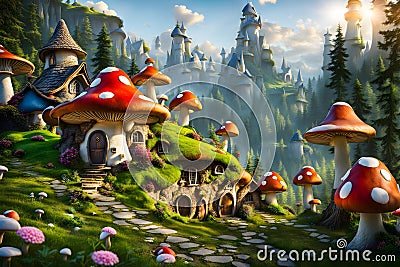 fantasy style storybook fairytale tiny mushroom village surrounded by trees and mountains Stock Photo