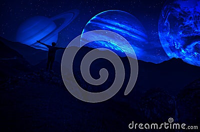 Fantasy surreal concept. Scenic night landscape of country road at night with giant planet at night sky Stock Photo