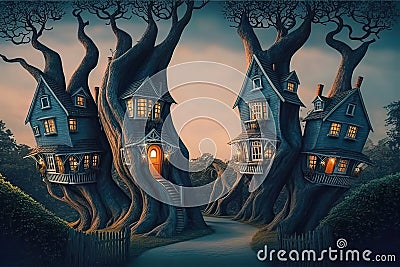 Fantasy surreal houses, fairytale vintage huts in trees trunks, illustration, generative AI Cartoon Illustration