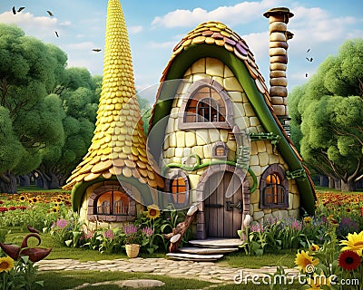 fantasy sweet corn-lookalike house in a frytale garden. Cartoon Illustration