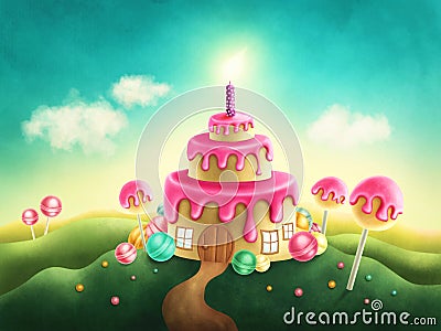 Fantasy sweet land with birthday cake Stock Photo