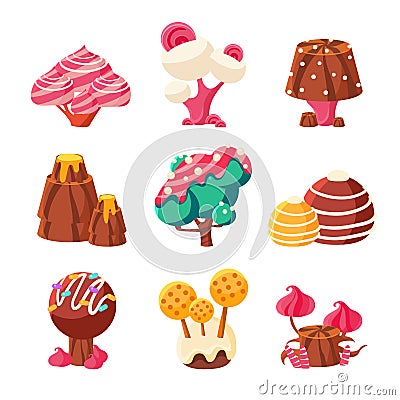 Fantasy Sweet Trees Set Vector Illustration