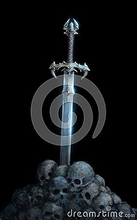 Fantasy sword on top of a skull pile. Isolated on black. Cartoon Illustration