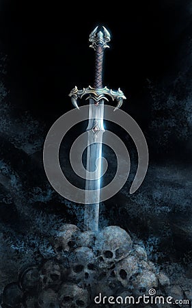 Fantasy sword on top of a skull pile. Stock Photo