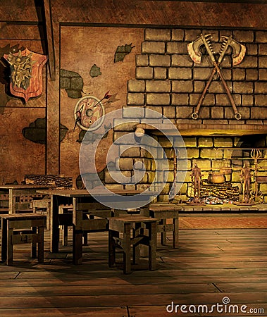Fantasy tavern with a fireplace Stock Photo