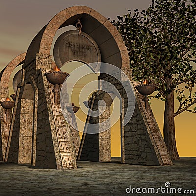 Fantasy temple at dawn Stock Photo