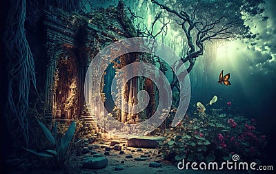 Fantasy temple in jungle at night, old building ruins in tropical forest, generative AI Stock Photo