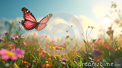 Lonely beautiful swallowtail butterfly in a meadow among summer flowers Stock Photo