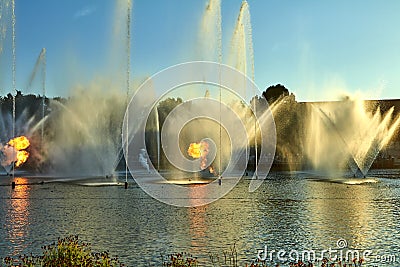 Fantasy themed amusement park Efteling. Unusual fountains with fire Editorial Stock Photo